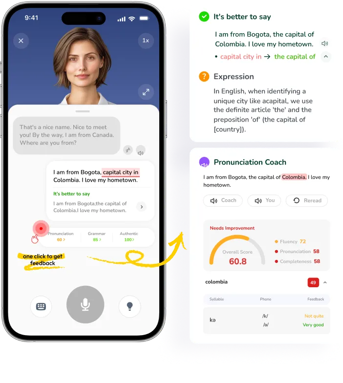 Instant feedback on grammar, pronunciation and vocabulary
